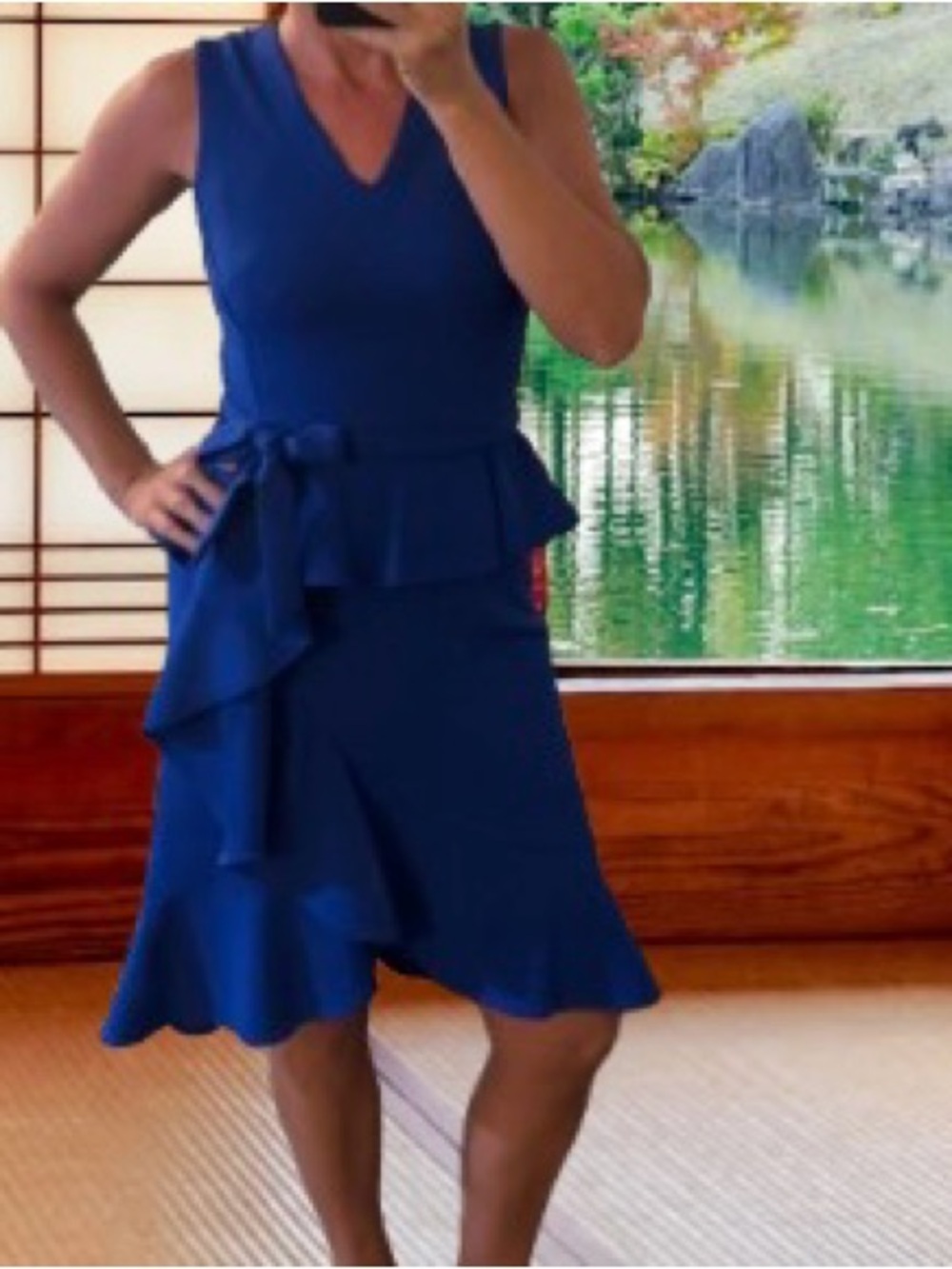 Calvin Klein Royal Blue Sleeveless V-Neck Peplum Ruffle Dress